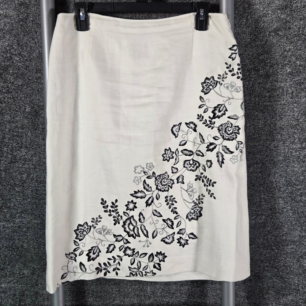 Ann Taylor LOFT Ivory Linen Blend Floral Embroidered Pencil Skirt Size 8